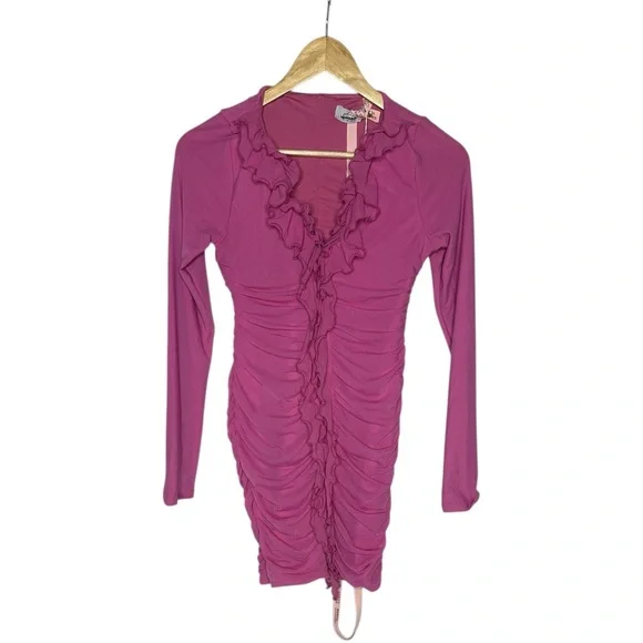 NWT Oh Polly Yara Hot Pink Long Sleeve Ruched Mini Bodycon Dress 6 - Picture 5 of 11